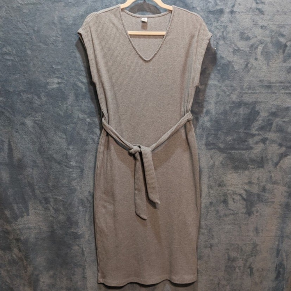 Old Navy Womens Heather Grey Ribbed Knit V-Neck Tie Waist Midi Dress XS Preppy